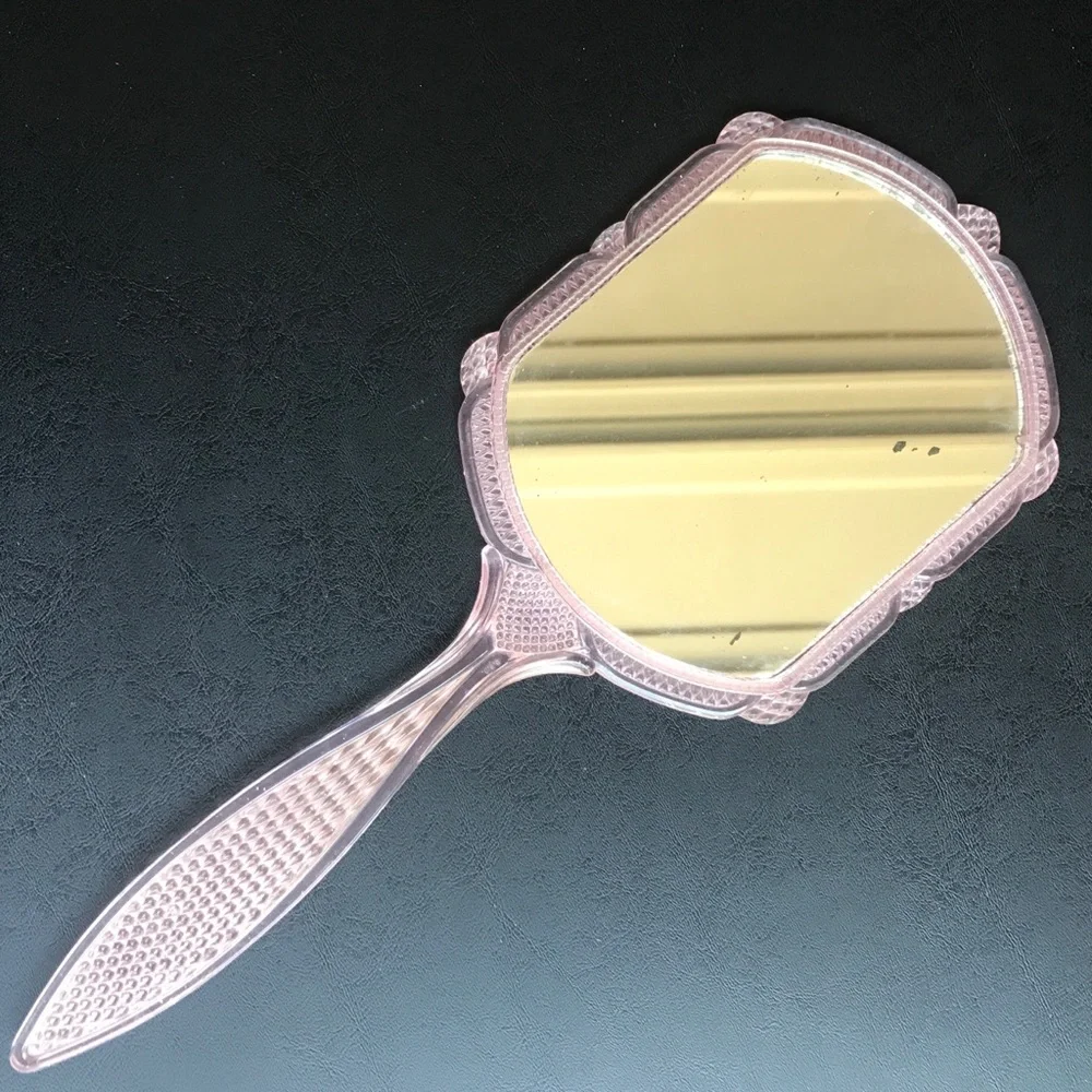 Vintage Celluloid Floral Mirror Vanity Handled Dainty Pretty Flower Mirror Pink